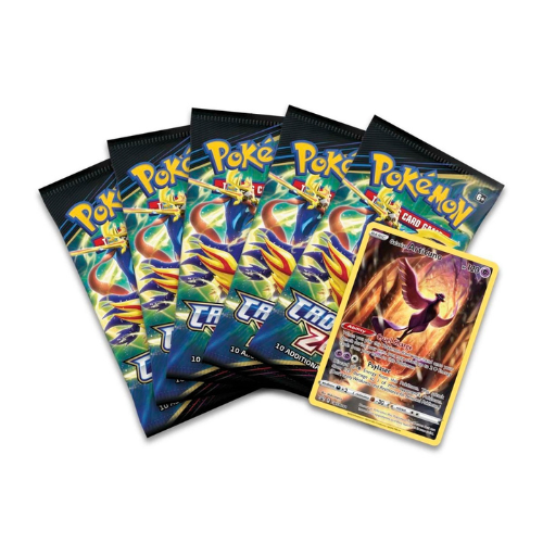 Pokémon TCG Crown Zenith Galarian Articuno Tin showing tin open with 5 Crown Zenith booster packs and foil promo card