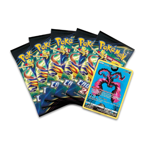 Pokémon TCG Crown Zenith Galarian Moltres Tin showing tin open with 5 Crown Zenith booster packs and foil promo card