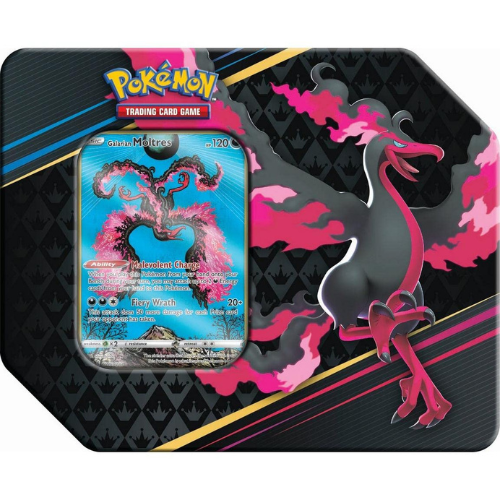 Pokémon TCG Crown Zenith Galarian Moltres Tin sealed product with 5 booster packs and foil promo card
