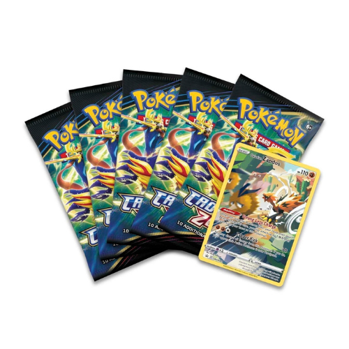 Pokémon TCG Crown Zenith Galarian Zapdos Tin showing tin open with 5 Crown Zenith booster packs and foil promo card