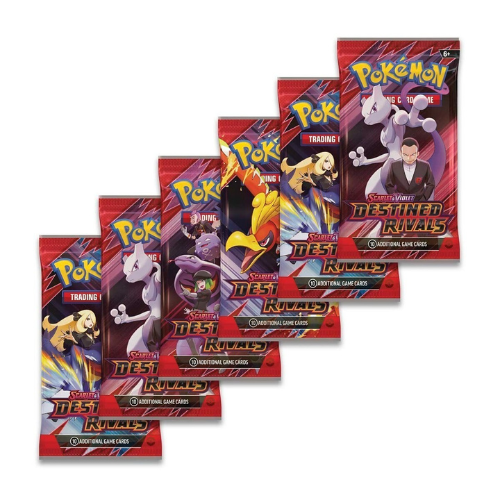 Pokémon TCG Destined Rivals Booster Bundle showing 6 individual booster packs featuring Team Rocket artwork