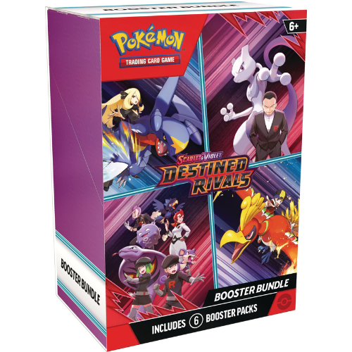 Pokémon TCG Scarlet & Violet Destined Rivals Booster Bundle sealed product with 6 booster packs featuring Mewtwo ex and Giovanni