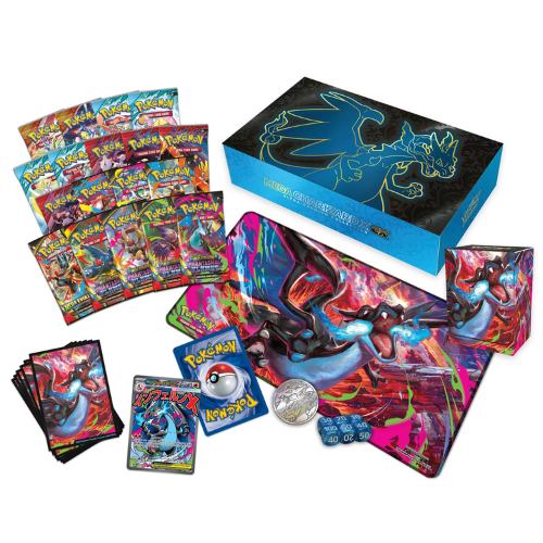 Pokémon TCG Mega Charizard X ex Ultra-Premium Collection showing playmat deck box card sleeves and metal coin accessories