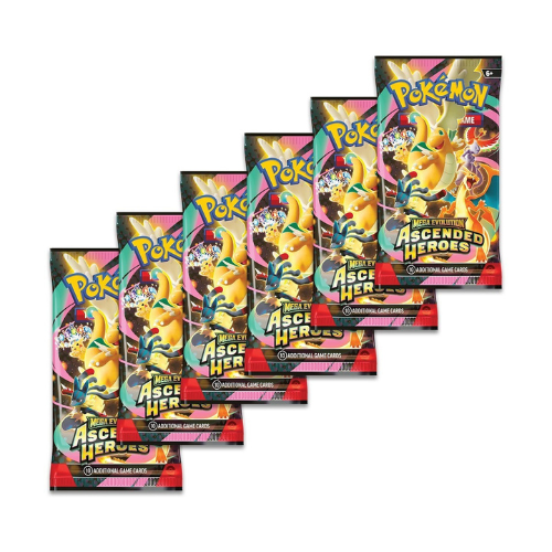 Pokémon TCG Mega Evolution Ascended Heroes Booster Bundle showing 6 individual booster packs featuring Mega Dragonite ex artwork