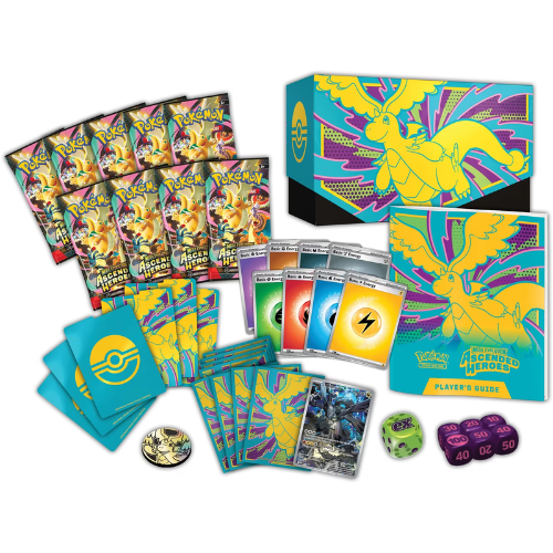 Pokémon TCG Mega Evolution Ascended Heroes Elite Trainer Box showing contents including card sleeves energy cards dice and collector box