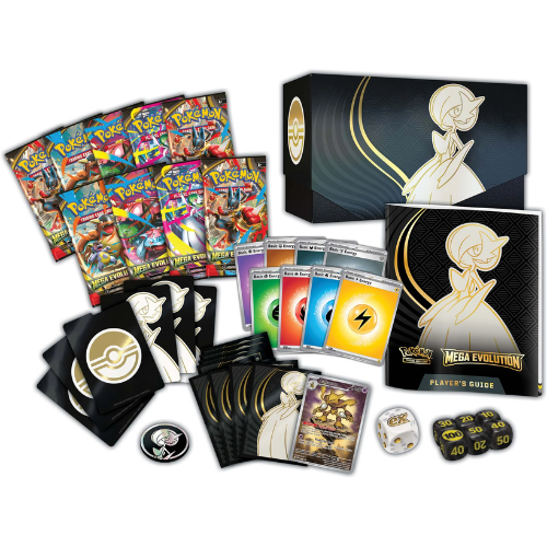 Pokémon TCG Mega Evolution Elite Trainer Box showing contents including card sleeves energy cards dice and collector box