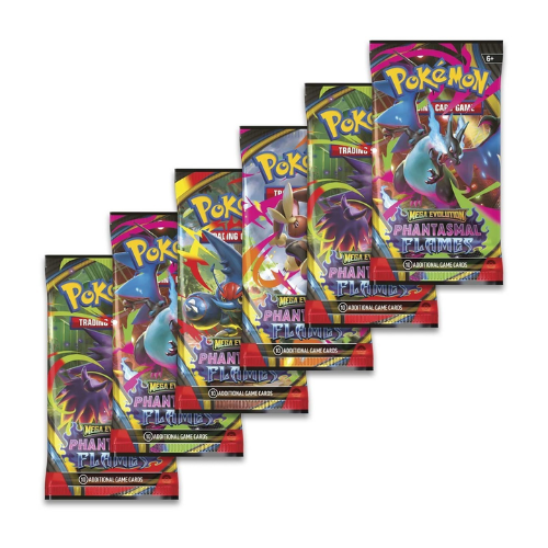 Pokémon TCG Phantasmal Flames Booster Bundle showing 6 individual booster packs featuring Mega Charizard X ex and Mega Gengar ex artwork