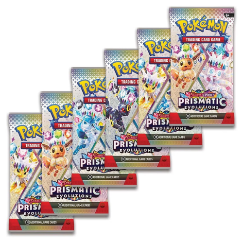Pokémon TCG Prismatic Evolutions Booster Bundle showing 6 individual booster packs featuring Eeveelution artwork