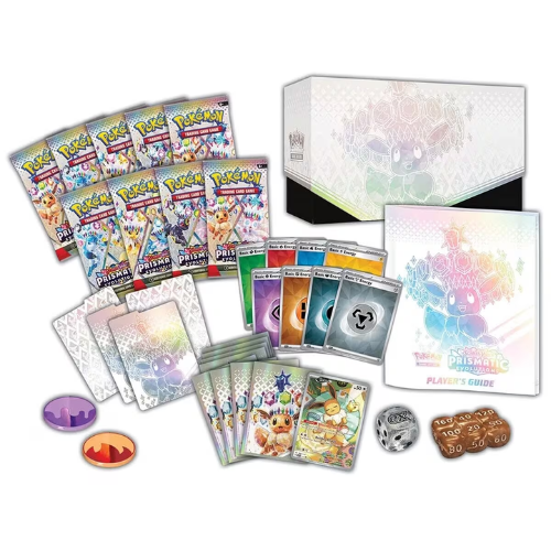 Pokémon TCG Prismatic Evolutions Elite Trainer Box back of box showing contents including card sleeves energy cards and dice
