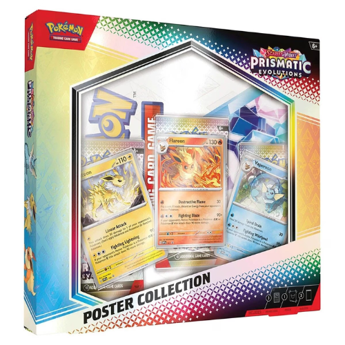 Pokémon TCG Scarlet & Violet Prismatic Evolutions Poster Collection featuring Flareon Vaporeon and Jolteon foil promo cards