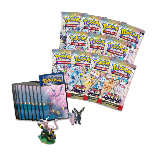 Pokémon TCG Prismatic Evolutions Premium Figure Collection showing Espeon and Umbreon display figure enamel pin and card sleeves