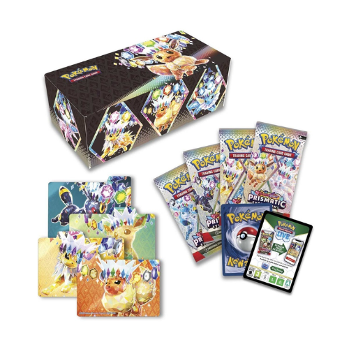 Pokémon TCG Prismatic Evolutions Surprise Box showing collector box with dividers and foil promo card