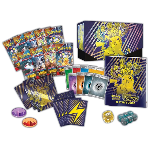 Pokémon TCG Surging Sparks Elite Trainer Box showing contents including card sleeves energy cards dice and collector box