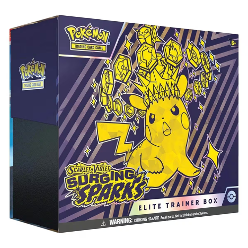 Pokémon TCG Scarlet & Violet Surging Sparks Elite Trainer Box sealed product featuring Pikachu ex